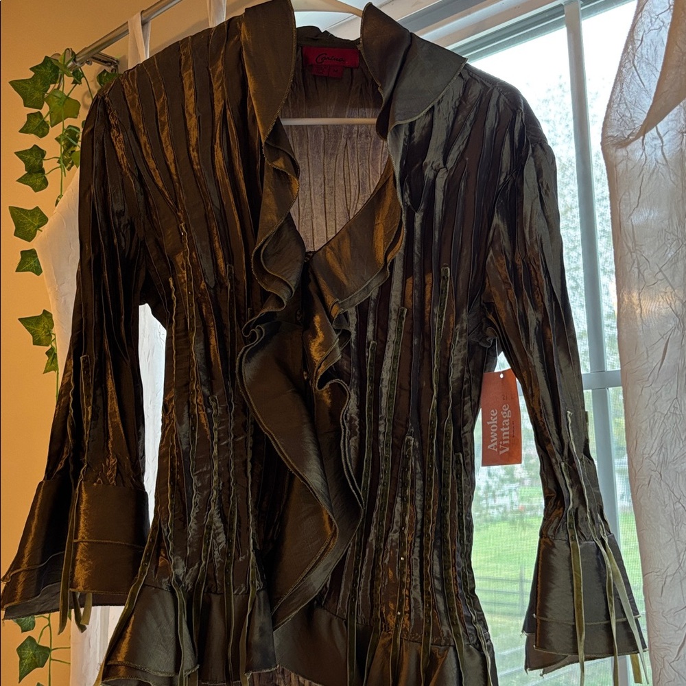 Elegant Olive Green Ruffled Blouse